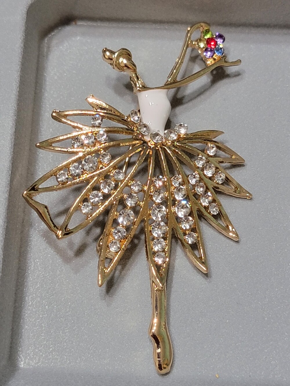 Gold Ballerina Brooch with Clear Crystals